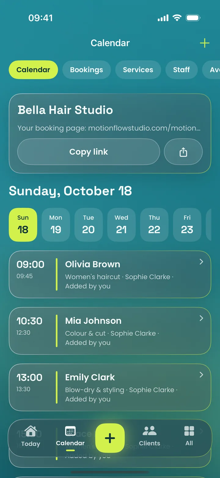 MotionFlow app on iPhone: Calendar