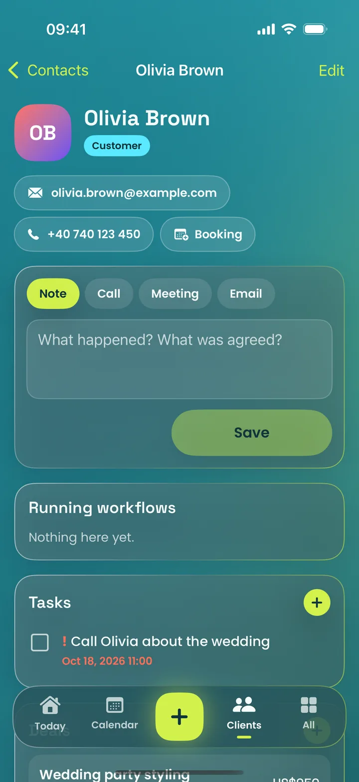 MotionFlow app on iPhone: Client card