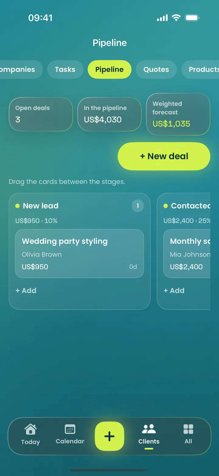 MotionFlow app on iPhone: Sales pipeline