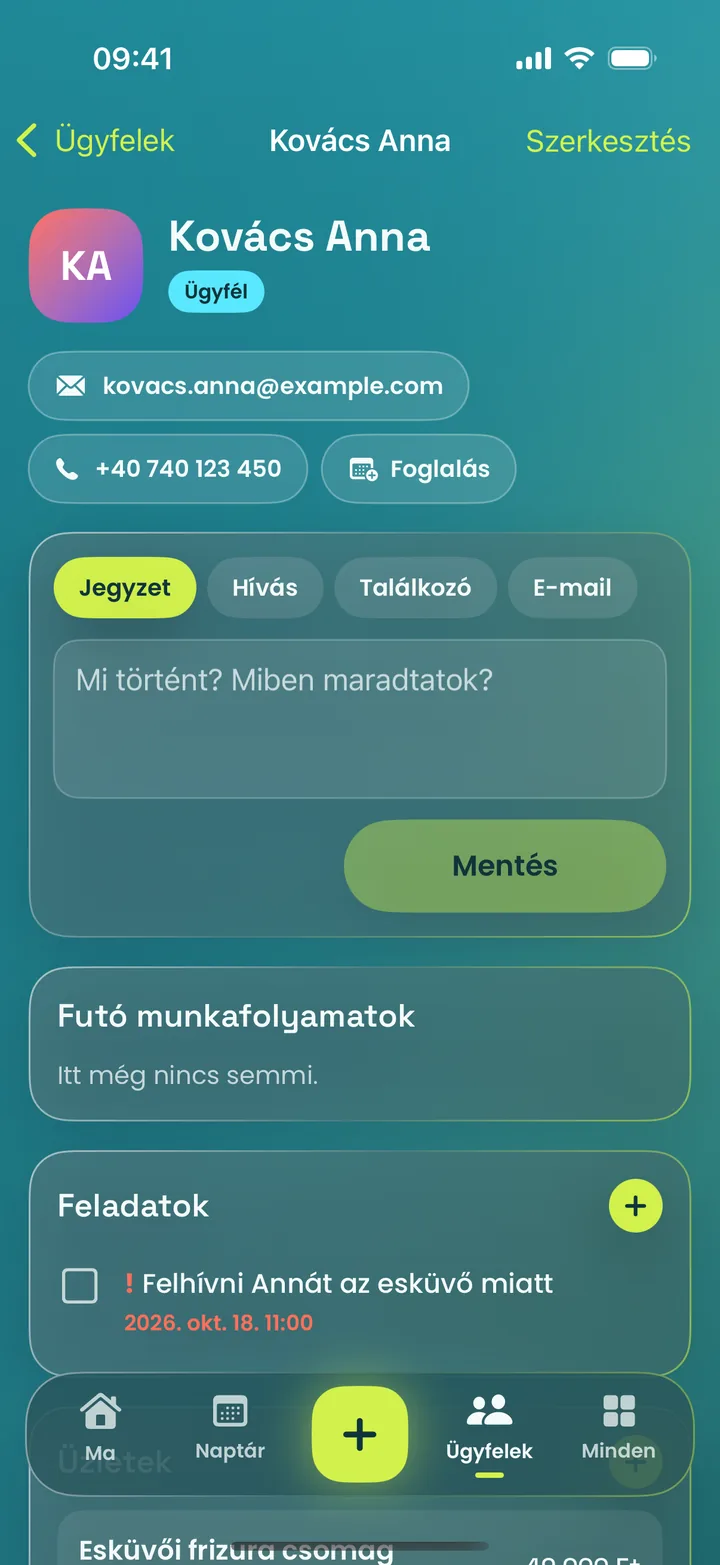 MotionFlow app iPhone-on: Ügyféladatlap