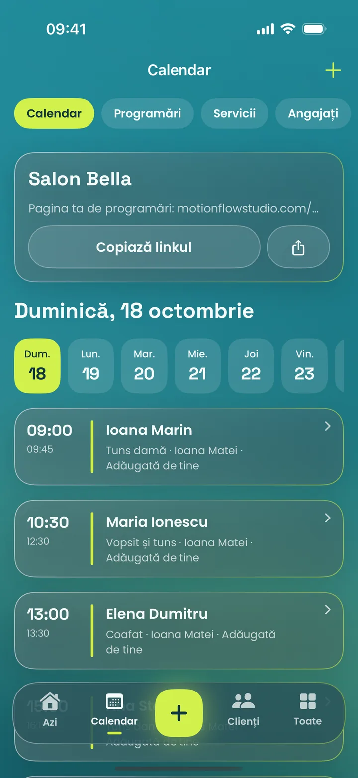 Aplicația MotionFlow pe iPhone: Calendar