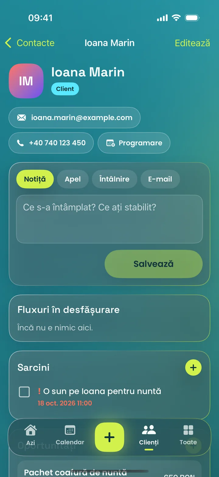 Aplicația MotionFlow pe iPhone: Fișa clientului