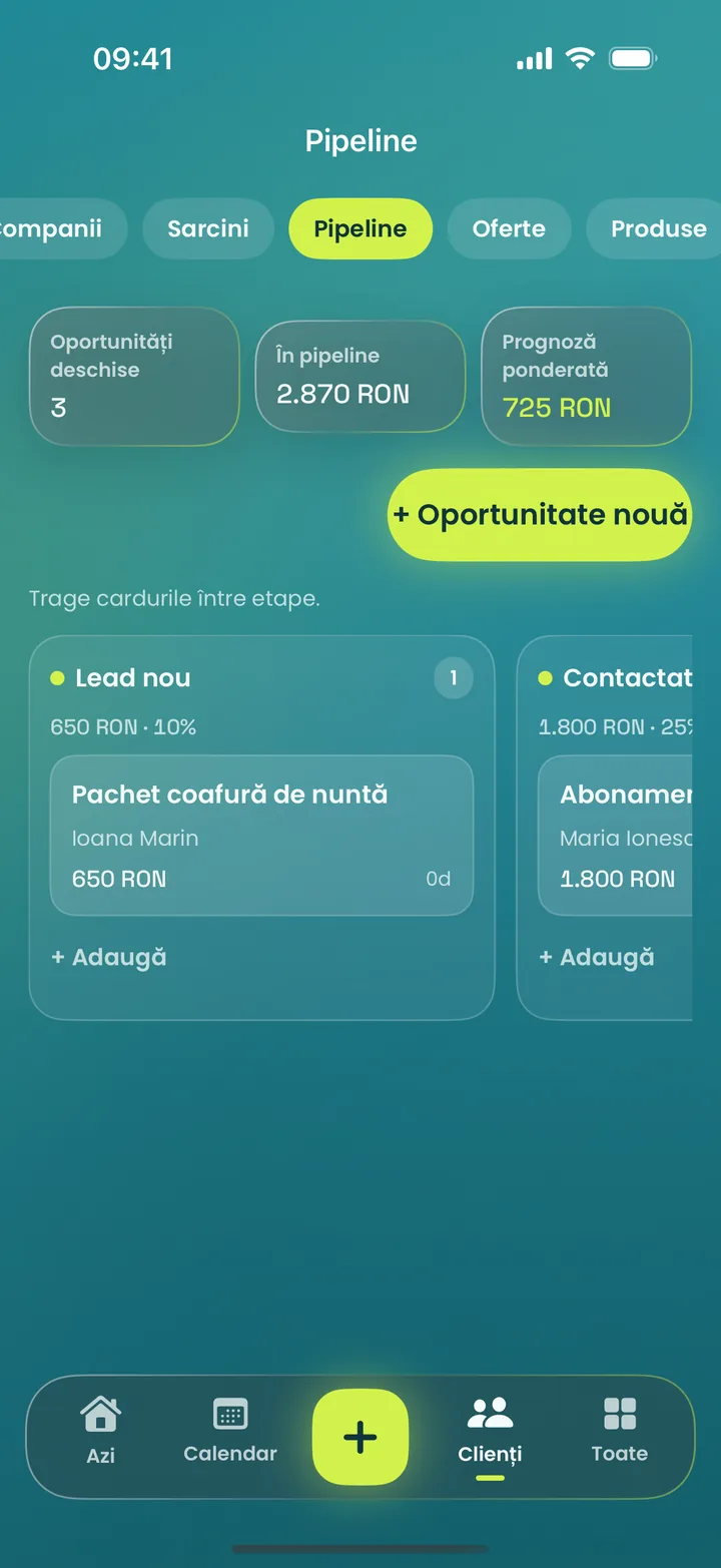 Aplicația MotionFlow pe iPhone: Pipeline de vânzări
