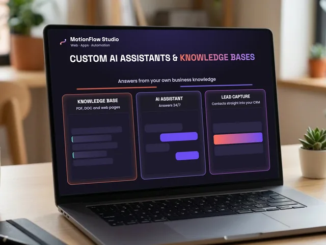 Laptop showing a custom AI assistant and knowledge base: company documents, a 24/7 chat and lead capture into the CRM