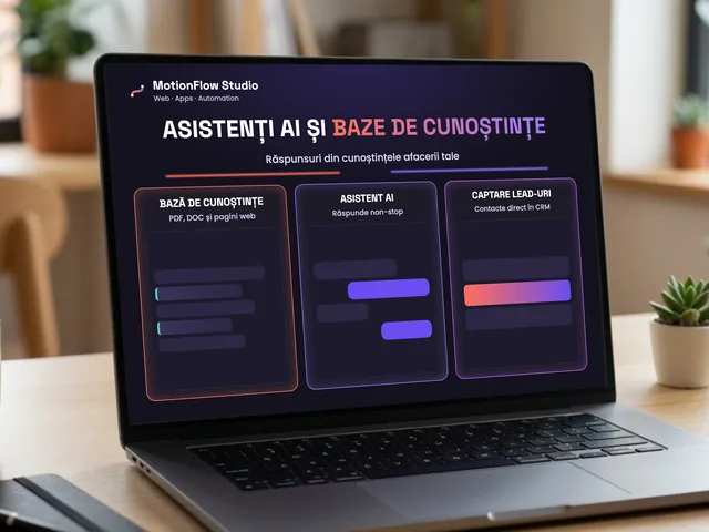 Laptop cu un asistent AI personalizat și o bază de cunoștințe: documente ale firmei, chat non-stop și lead-uri trimise în CRM