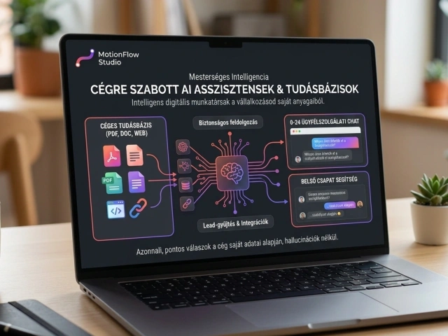 Laptop a cégre szabott AI asszisztens és tudásbázis felületével: dokumentumok, chat és érdeklődőgyűjtés