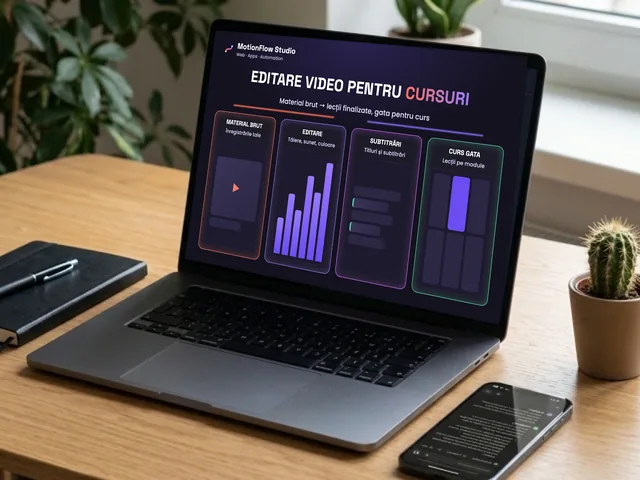 Laptop cu editare video pentru cursuri: material brut, timeline de editare, subtitrări și lecții finalizate