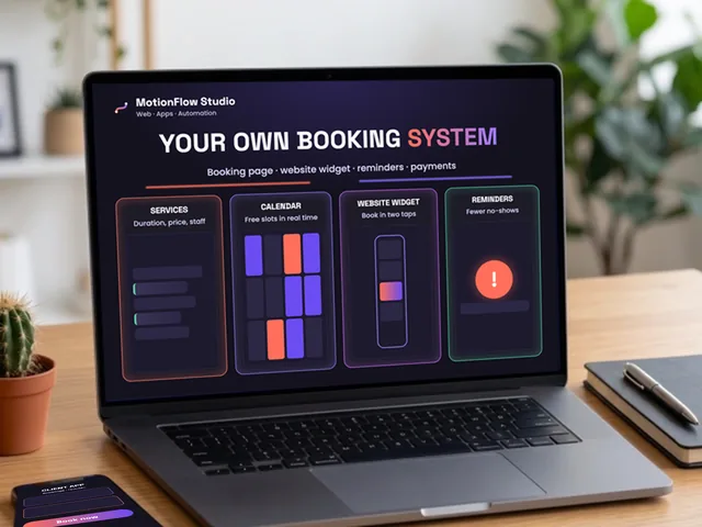 Laptop showing a custom online booking system: services, staff calendars, a booking widget and automatic reminders