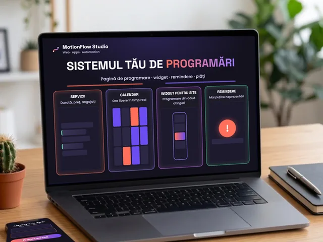 Laptop cu un sistem de programări online personalizat: servicii, calendare pentru angajați, widget de programare și remindere