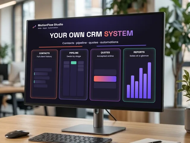 Monitor showing a custom CRM system: contacts, a sales pipeline by stage, quotes accepted online and sales reports