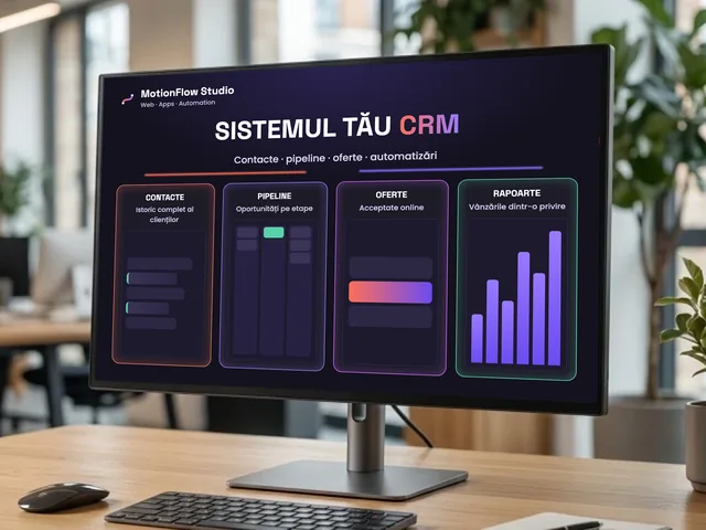 Monitor cu un sistem CRM personalizat: contacte, pipeline de vânzări pe etape, oferte acceptate online și rapoarte