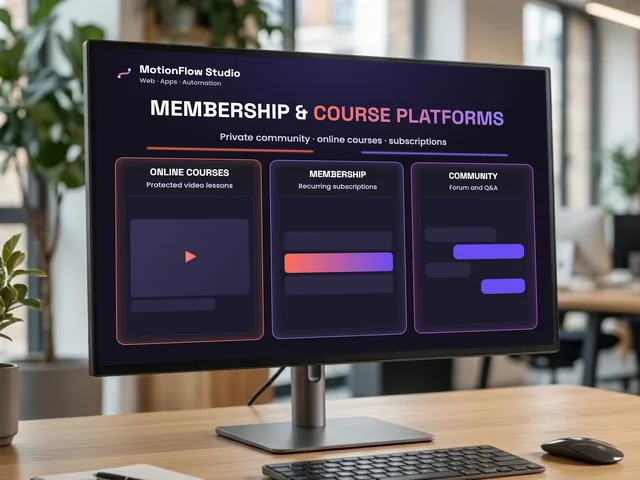 Monitor in an office showing a membership and online course platform: protected video lessons, subscriptions and a community