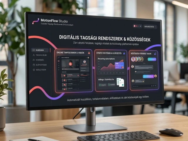 Monitor egy irodában a digitális tagsági és kurzusplatform felületével: online kurzusok, előfizetés és közösség