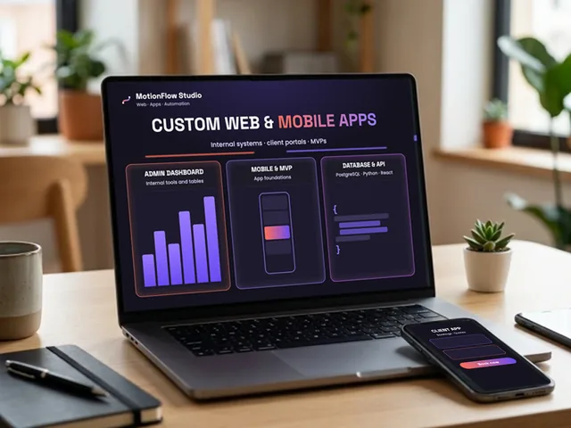 Laptop and smartphone showing a custom web and mobile app: admin dashboard, mobile client app and API connection