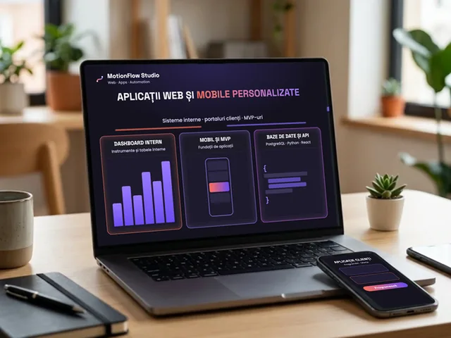 Laptop și telefon cu o aplicație web și mobilă personalizată: dashboard de administrare, aplicație pentru clienți și API