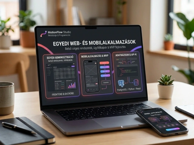 Laptop és okostelefon egyedi web- és mobilalkalmazással: admin műszerfal, mobilapp és API-kapcsolat