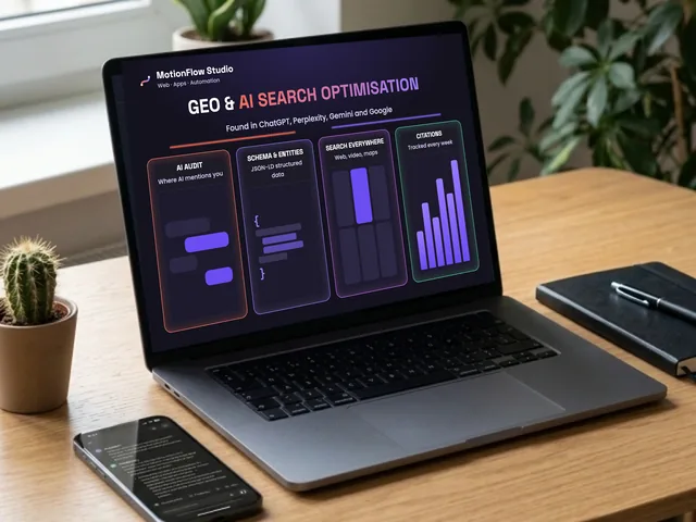 Laptop showing GEO and AI search optimisation: an AI visibility audit, JSON-LD structured data and citation tracking