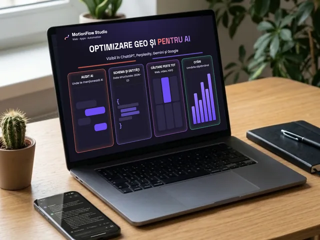 Laptop cu optimizare GEO și pentru căutarea AI: audit de vizibilitate AI, date structurate JSON-LD și urmărirea citărilor