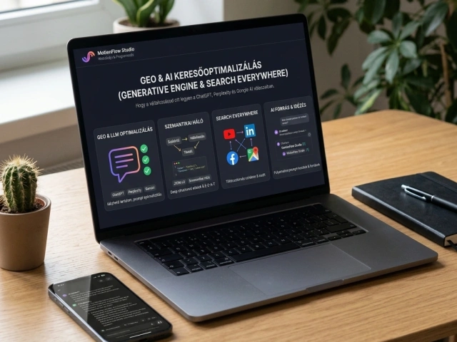 Laptop GEO és AI keresőoptimalizálási felülettel: AI-audit, strukturált adatok és hivatkozáskövetés