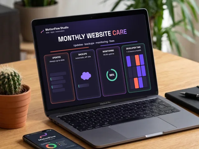 Laptop showing a monthly website care plan: updates, automatic backups, 99.9% uptime monitoring and developer time