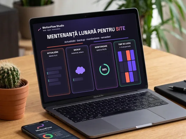 Laptop cu un plan de mentenanță lunară pentru site: actualizări, backup automat, monitorizare uptime 99,9% și ore de lucru