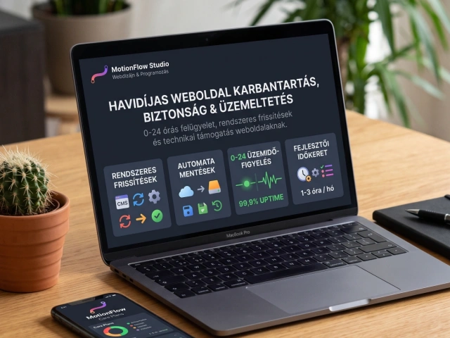Laptop havidíjas weboldal-karbantartási felülettel: frissítések, automatikus mentés, 0–24 felügyelet és fejlesztői idő