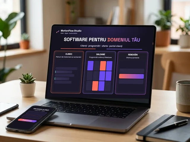 Laptop și telefon cu software de business pe industrii pentru clinici, saloane și renovări: clienți, programări și oferte
