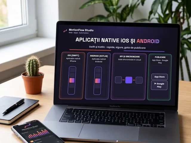 Laptop și telefon cu dezvoltare de aplicații native iOS și Android în Swift și Kotlin, sincronizare cloud și publicare