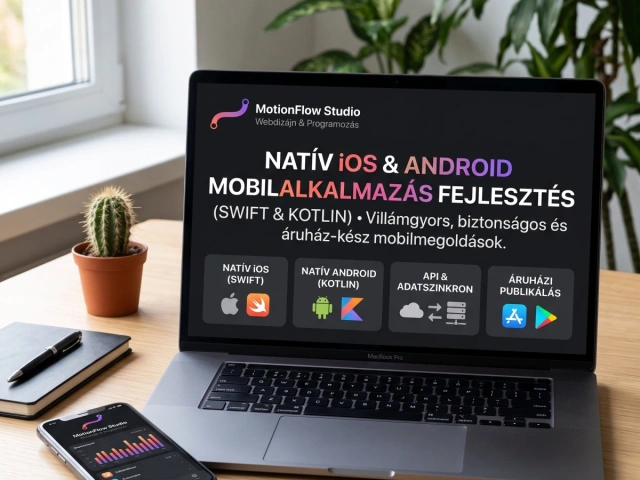 Laptop és telefon natív iOS és Android alkalmazás fejlesztéssel: Swift, Kotlin, API-szinkron és áruházi publikálás