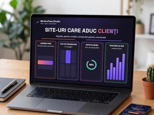 Laptop cu un site de prezentare și un landing page care aduc clienți, cu scor de viteză 98% și analize de conversie