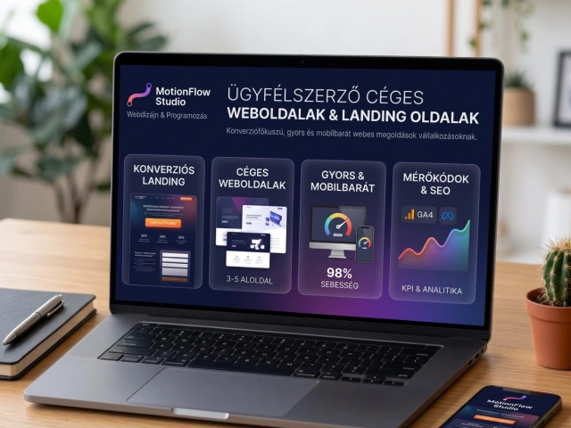 Laptop ügyfélszerző céges weboldallal és landing oldallal: konverziós oldal, gyorsasági mérés és analitika