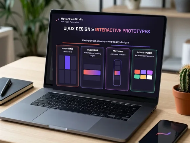 Laptop showing a UI/UX design project in Figma: wireframes, web design, a clickable prototype and a design system