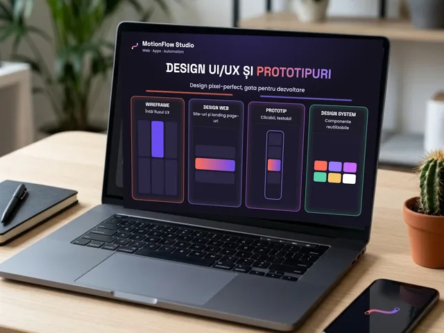 Laptop cu un proiect de design UI/UX în Figma: wireframe-uri, design web, prototip clicabil și design system