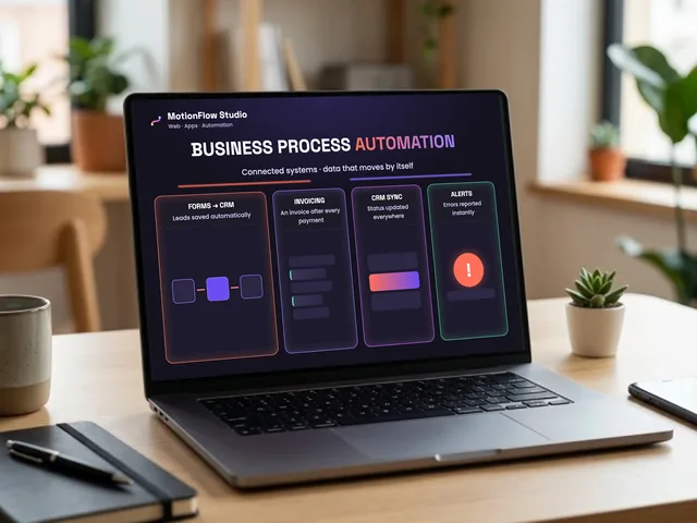 Laptop on a desk showing a business process automation dashboard: web forms, CRM, invoicing and alerts connected