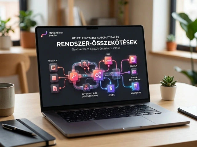 Laptop egy íróasztalon az üzleti folyamatautomatizálás áttekintésével: űrlap, CRM, számlázás és riasztások összekötve