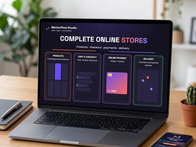 Laptop showing an online store: product catalogue, cart and checkout, card payment and parcel-locker delivery