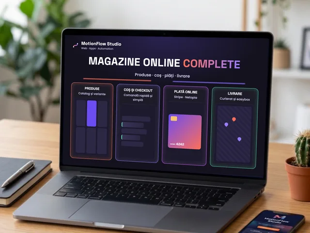 Laptop cu un magazin online: catalog de produse, coș și checkout, plată cu cardul și livrare prin easybox sau curier