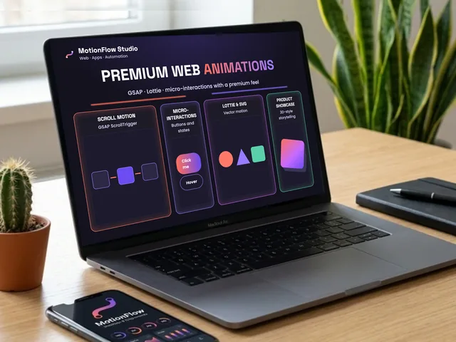 Laptop showing premium web animations: GSAP scroll motion, micro-interactions, Lottie and SVG animation and a 3D product showcase