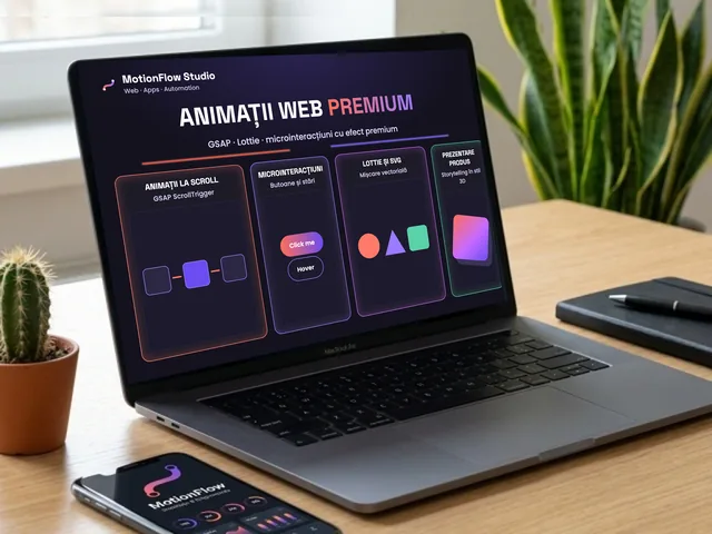 Laptop cu animații web premium: mișcare la scroll cu GSAP, microinteracțiuni, animații Lottie și SVG și prezentare 3D