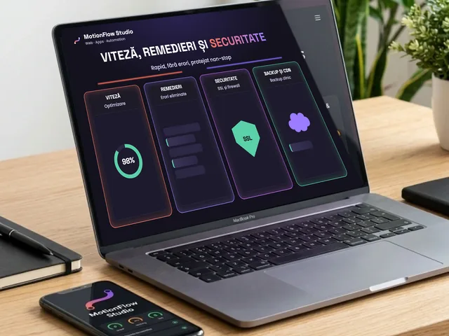 Laptop cu optimizarea vitezei și securității unui site: scor de viteză 98%, remedieri, protecție SSL și backup
