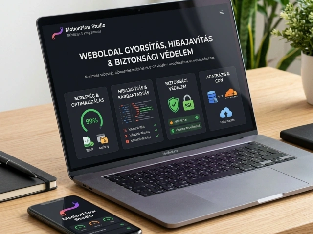 Laptop weboldal-gyorsítási és biztonsági felülettel: sebességmérés, hibajavítás, SSL-védelem és mentés